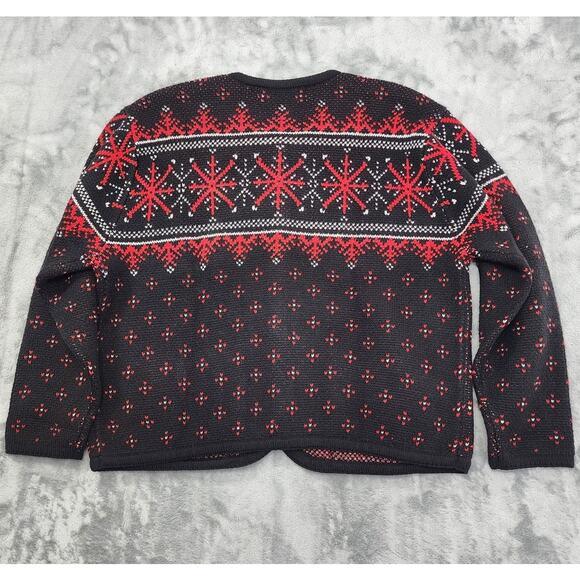 Vintage Crystal-Kobe Snowflake Cardigan Sweater L PETITE Black Red Gold Buttons - Picture 3 of 8